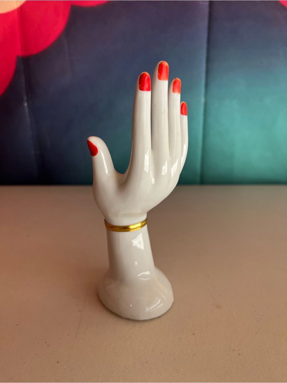 Vintage Ceramic Hand Jewelry Holder with Red Tips